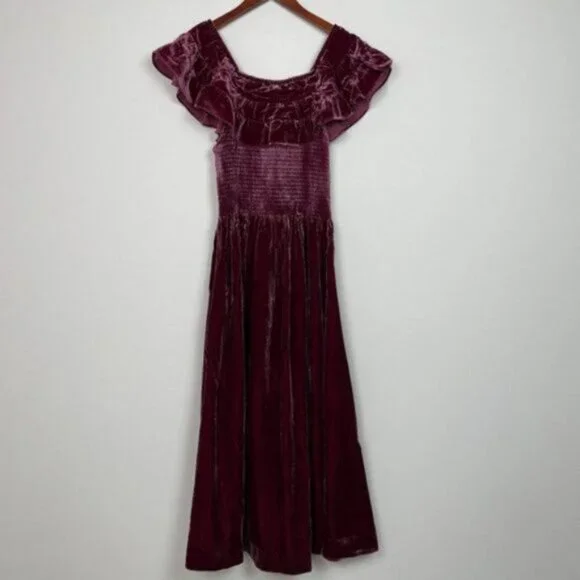 Hill House The Akilah Nap Velvet Silk Midi Ruffle Holiday Dress Burgundy S - Picture 2 of 8